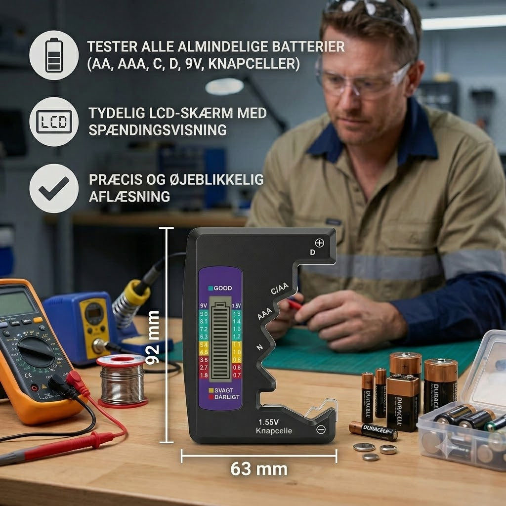 Digital batteritester med LCD-skærm – måler kapacitet på AA, AAA, C, D, 9V og knapcellebatterier🔋