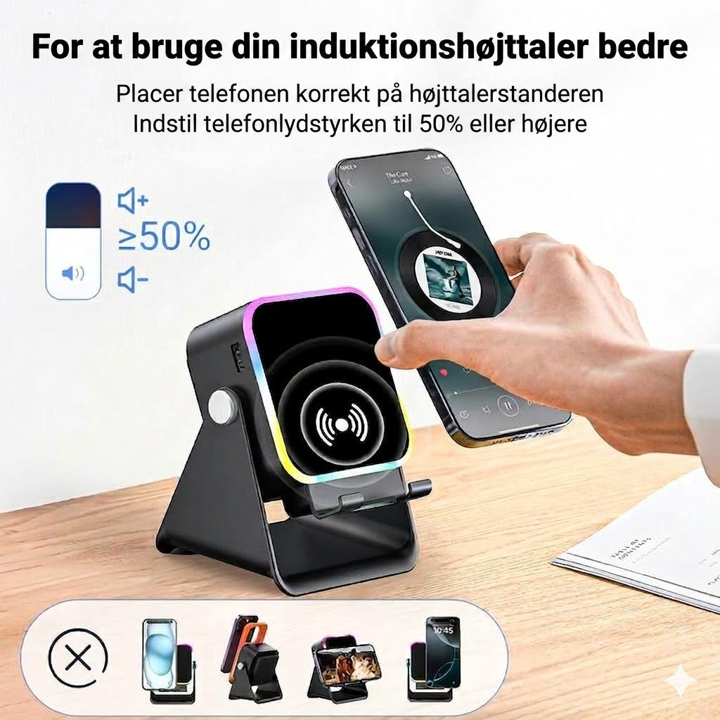 Trådløs induktionshøjtaler med mobilholder