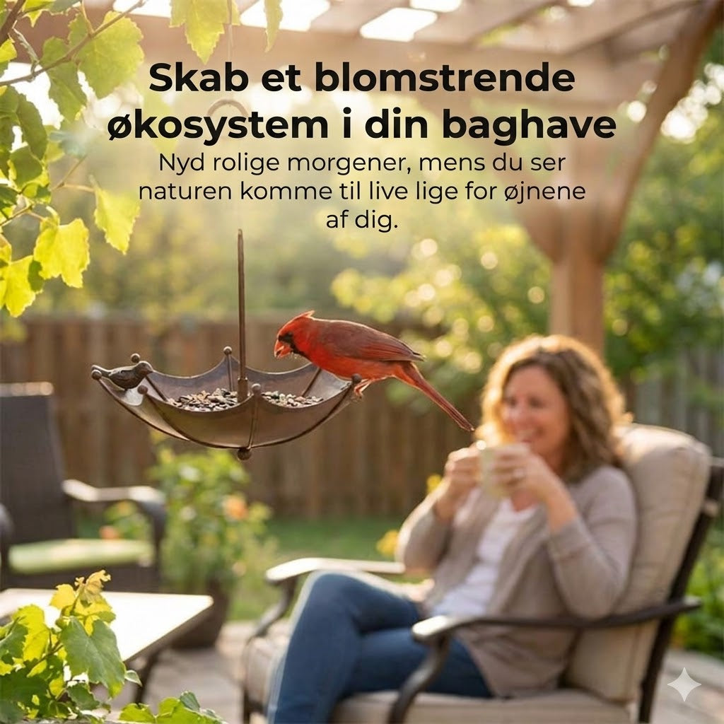 Hængende fuglefoderautomat og vandskål – Paraplyformet fodersilo – 2-i-1 foderstation