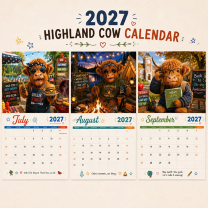 📅🐮2027 Kalender med søde og pelsede skotske højlandskvæg