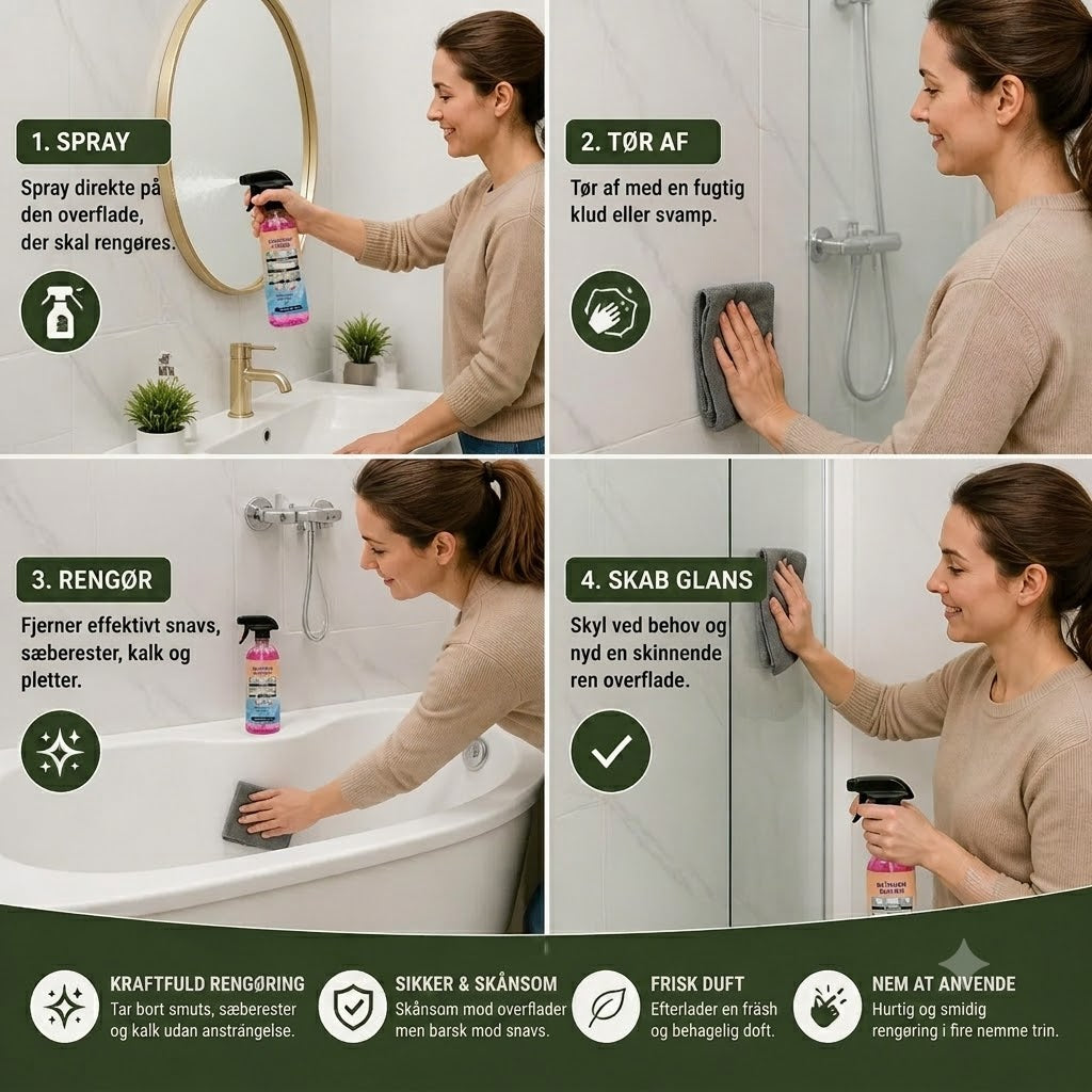 Badeværelsesrengøring – Universal rengøringsmiddel til badekar, håndvaske og glas.