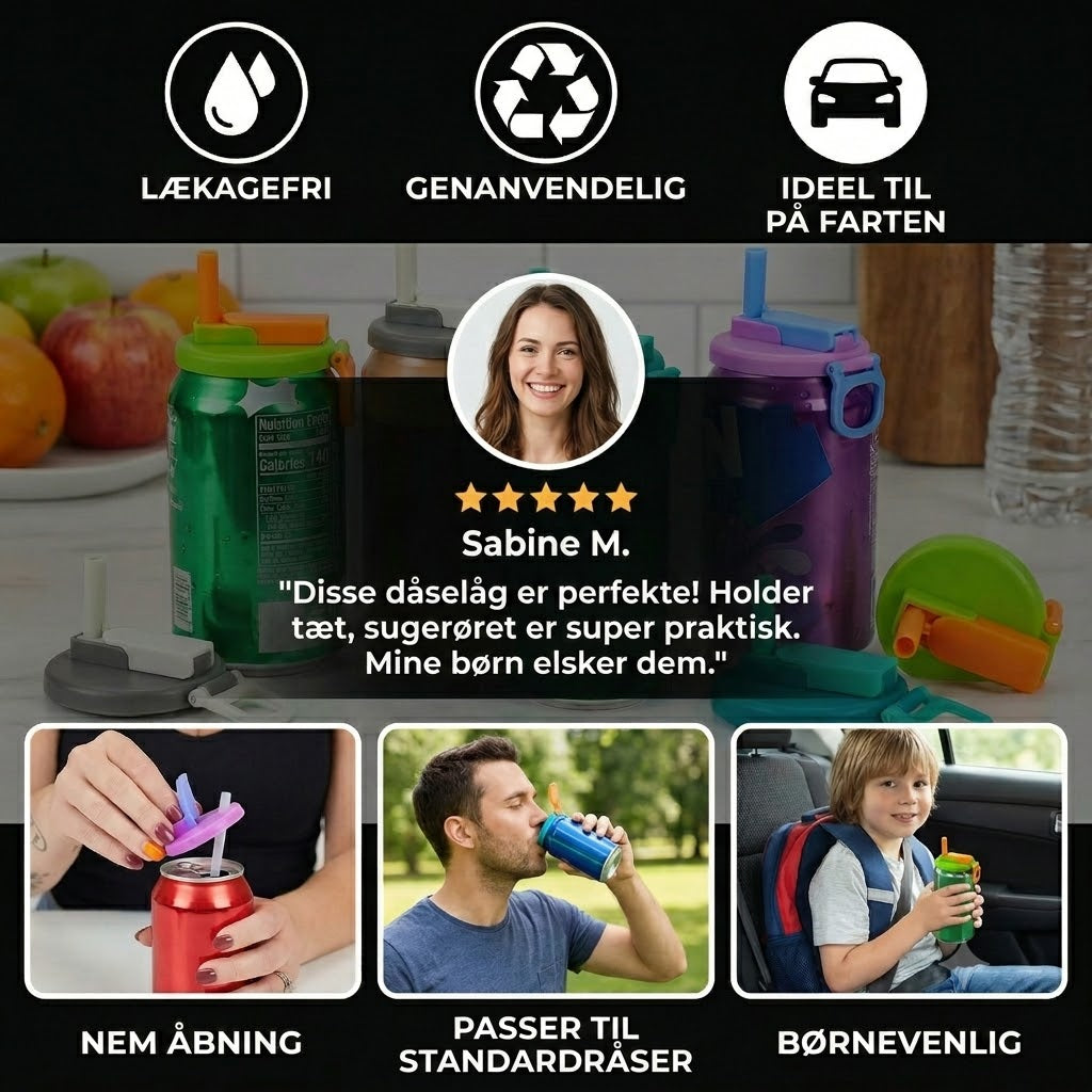 2-i-1 genanvendelige silikonelåg til dåser med sugerør – lækagefrie og bærbare drikkelåg (1 sæt 2 stk.)