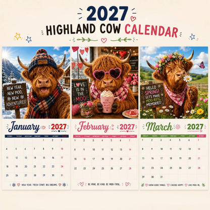 📅🐮2027 Kalender med søde og pelsede skotske højlandskvæg