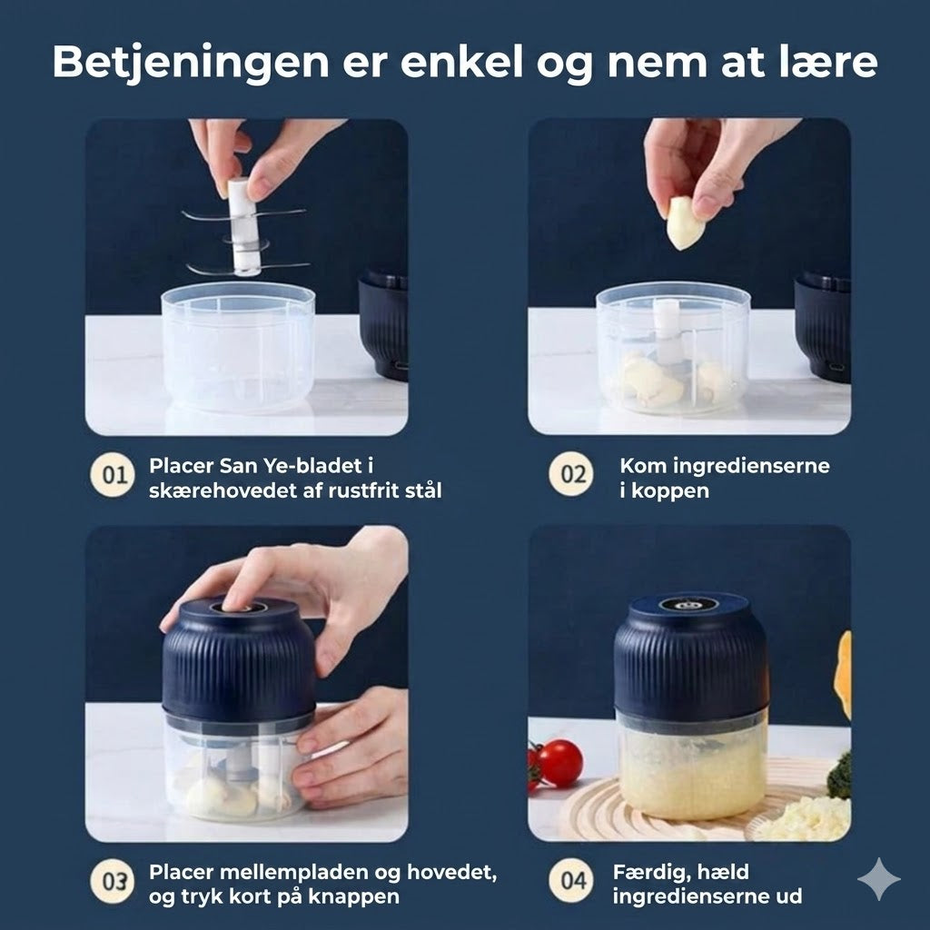 Ledningsfri minihakker – elektrisk foodprocessor til hvidløg og løg – USB-opladning