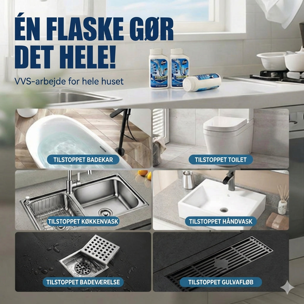 Kraftig afløbsrens – flydende rørrens til køkken, bruser og toilet (opløser hår og fedt)