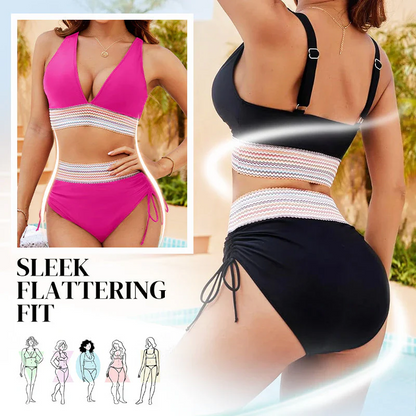 💃 Højtaljet maveformende bikini i farveblok-design 👙