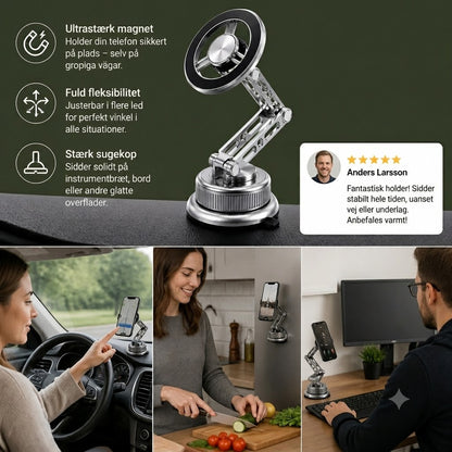 Mobilholder til bil i fuld metal med superstærk magnet og sugekop