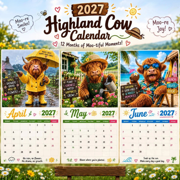 📅🐮2027 Kalender med søde og pelsede skotske højlandskvæg