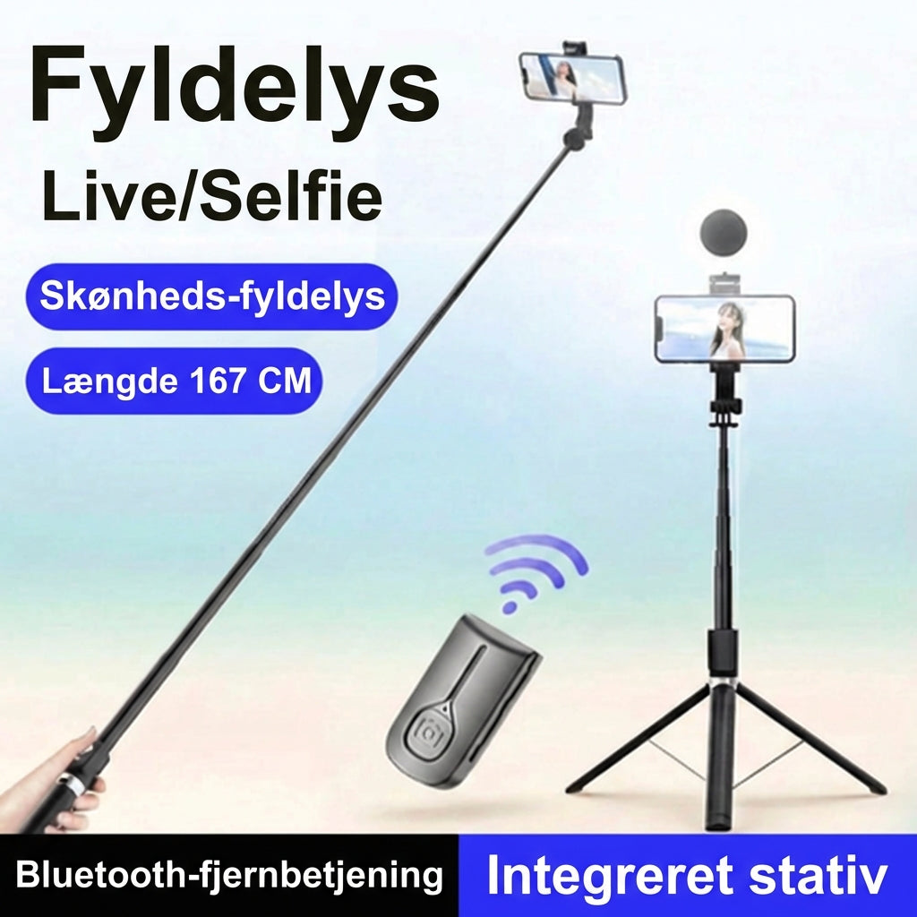 6-i-1 selfiestang med stativ og fill-light – Bluetooth-stativ med fjernbetjening (til iPhone og Android)