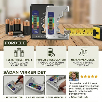 Digital batteritester med LCD-skærm – måler kapacitet på AA, AAA, C, D, 9V og knapcellebatterier🔋