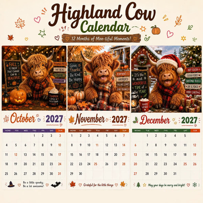 📅🐮2027 Kalender med søde og pelsede skotske højlandskvæg