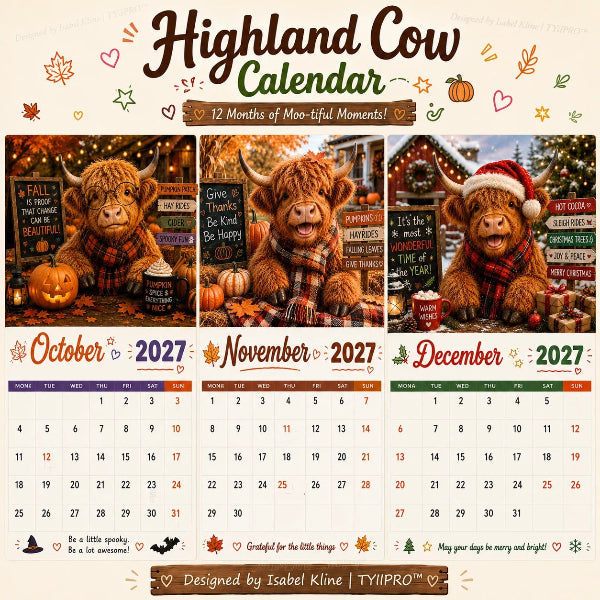 📅🐮2027 Kalender med søde og pelsede skotske højlandskvæg
