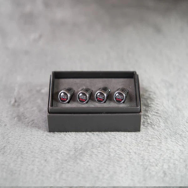 Luksus ventilhættesæt i kulfiberstil – Kulfiberlook – Universel til bil, motorcykel og cykel – Sporty hjulbeskyttelse – [4 stk.]