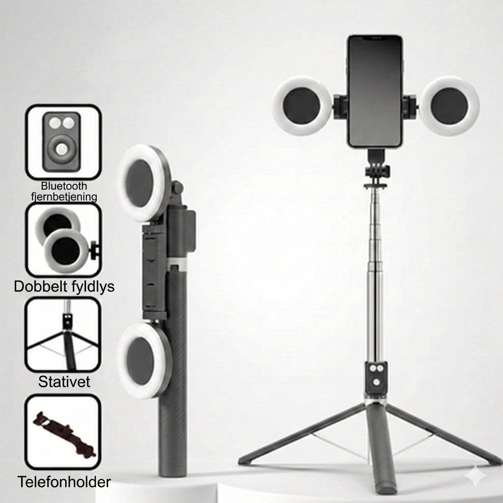 6-i-1 selfiestang med stativ og fill-light – Bluetooth-stativ med fjernbetjening (til iPhone og Android)
