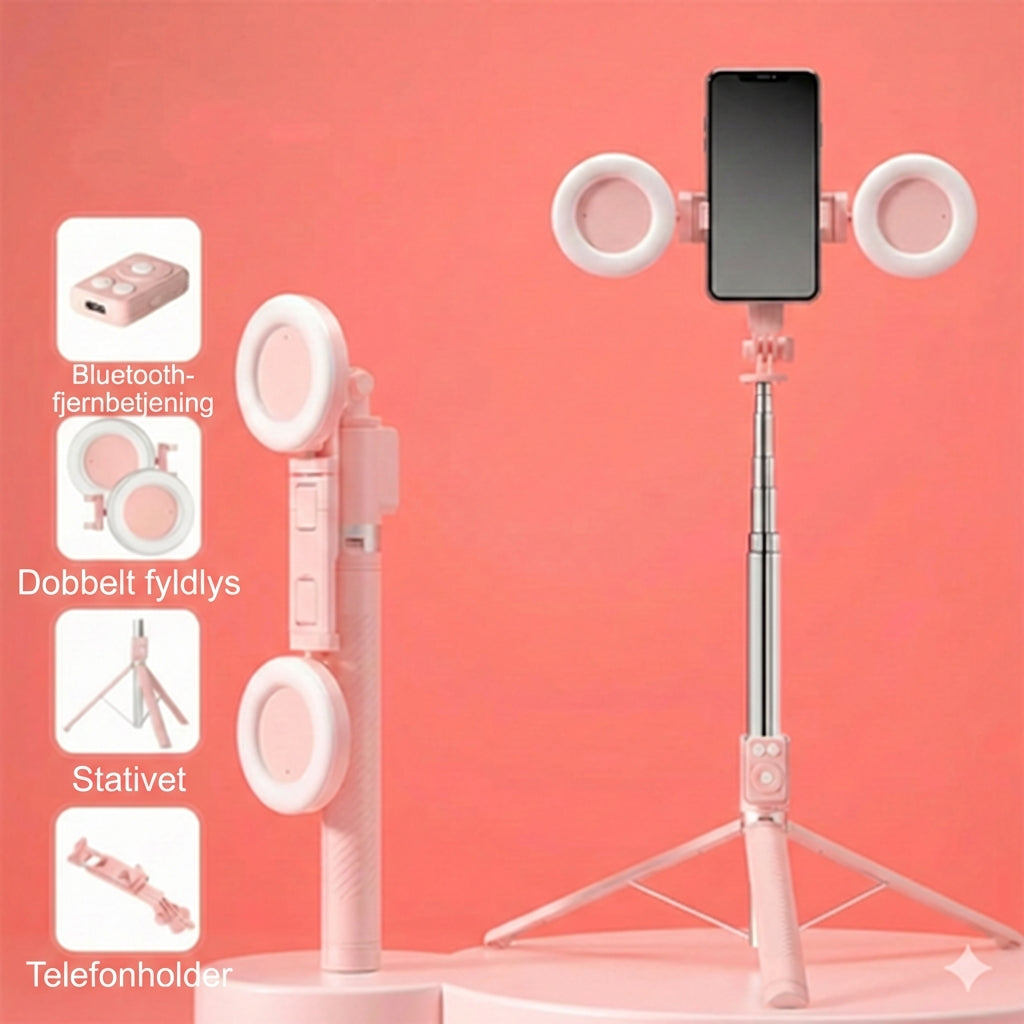 6-i-1 selfiestang med stativ og fill-light – Bluetooth-stativ med fjernbetjening (til iPhone og Android)