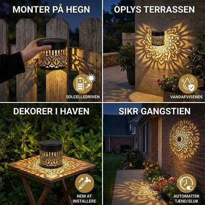 LED solcellevæglampe med mandala-mønster – udendørs belysning til have, hegn og terrasse