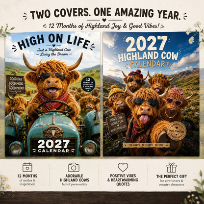 📅🐮2027 Kalender med søde og pelsede skotske højlandskvæg