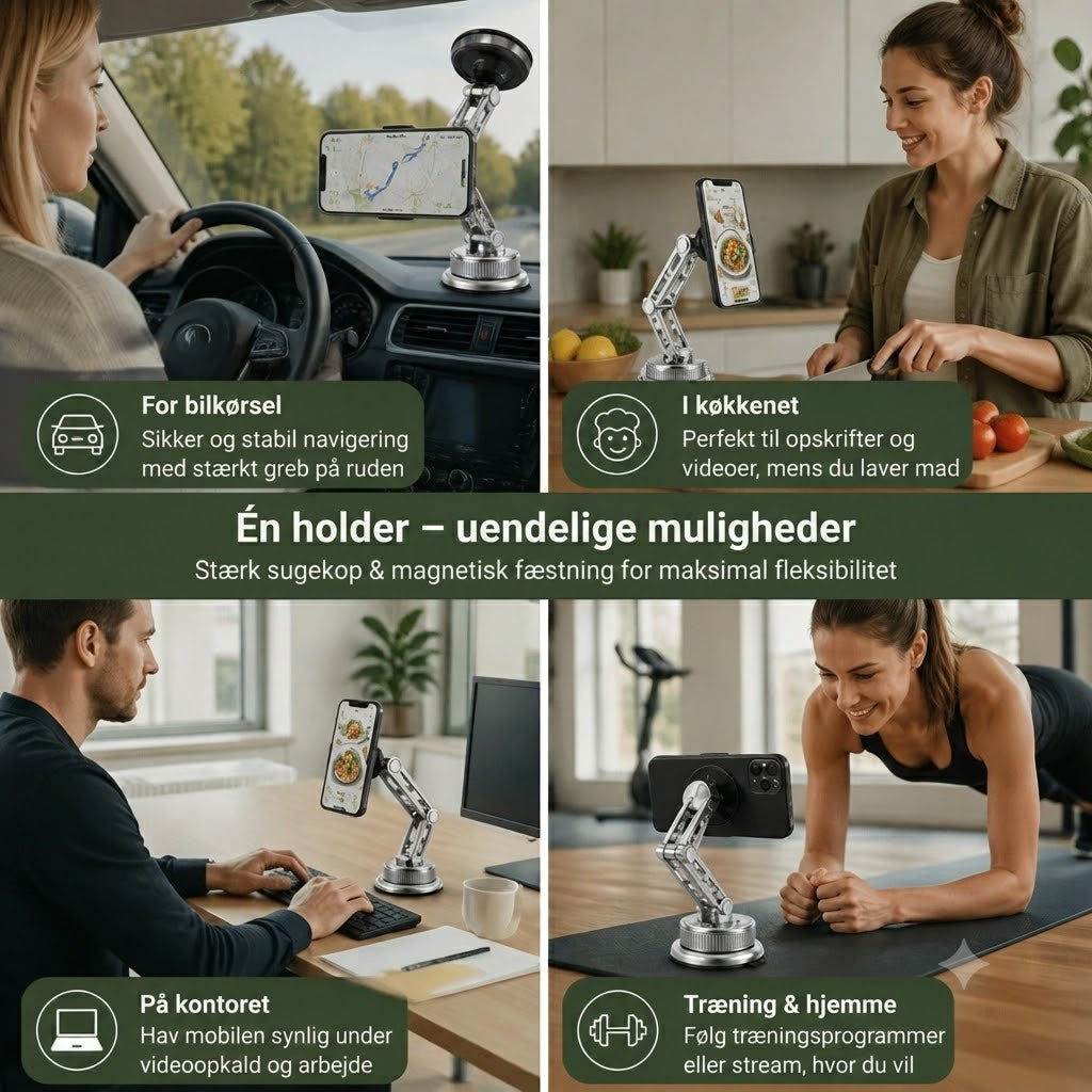 Mobilholder til bil i fuld metal med superstærk magnet og sugekop