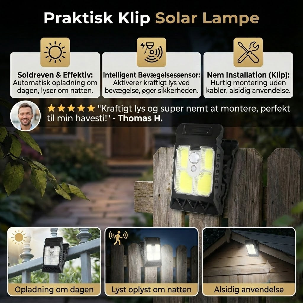 Praktisk klemme-solcellelampe med bevægelsessensor