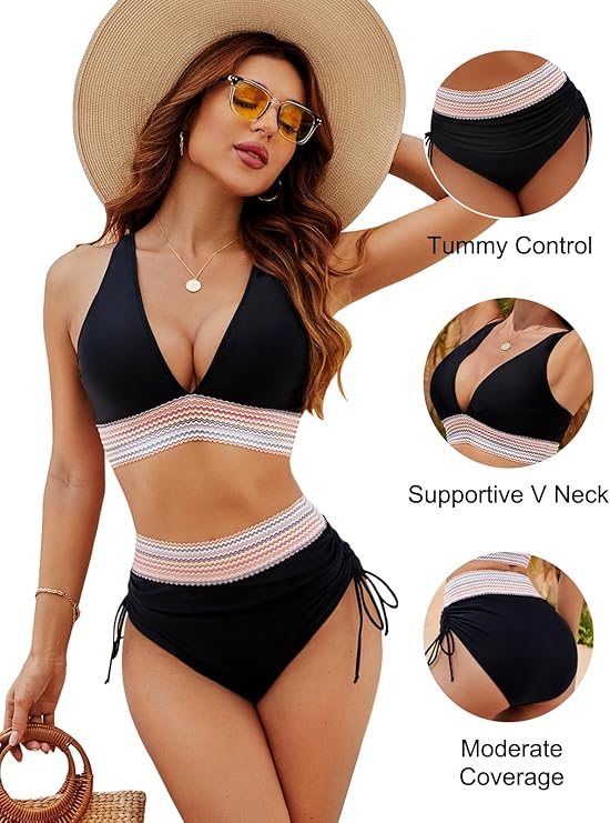 💃 Højtaljet maveformende bikini i farveblok-design 👙