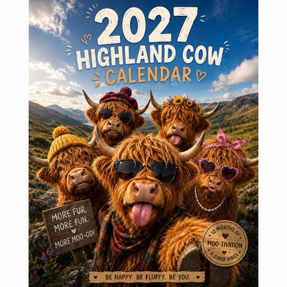 📅🐮2027 Kalender med søde og pelsede skotske højlandskvæg
