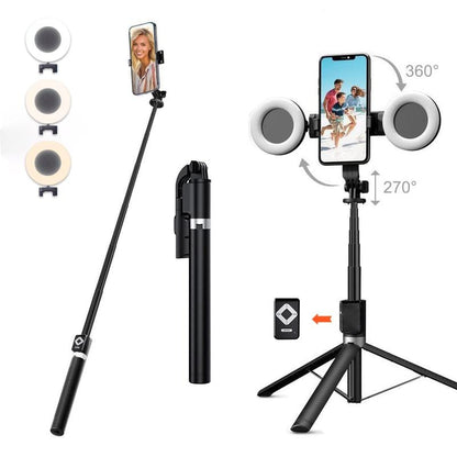 6-i-1 selfiestang med stativ og fill-light – Bluetooth-stativ med fjernbetjening (til iPhone og Android)