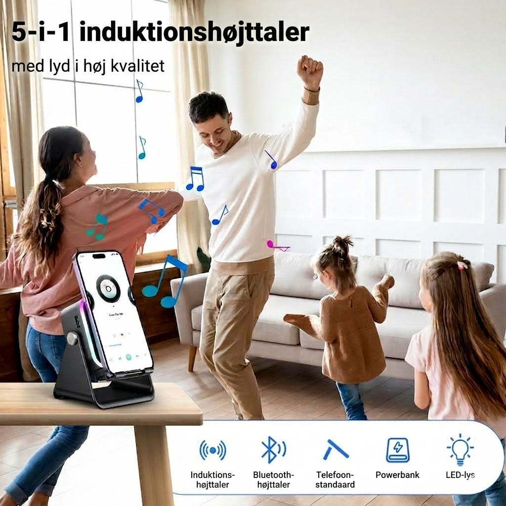 Trådløs induktionshøjtaler med mobilholder