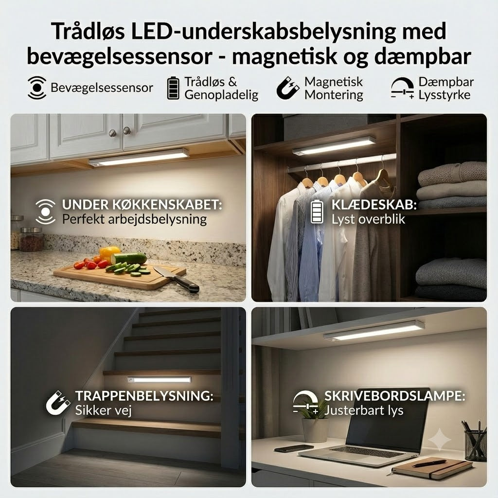 Trådløst LED-skabslys med bevægelsessensor – Magnetisk og dæmpbar