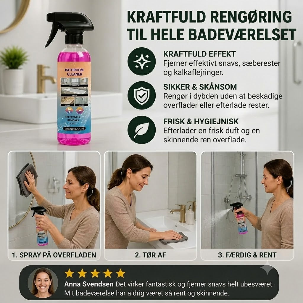Badeværelsesrengøring – Universal rengøringsmiddel til badekar, håndvaske og glas.