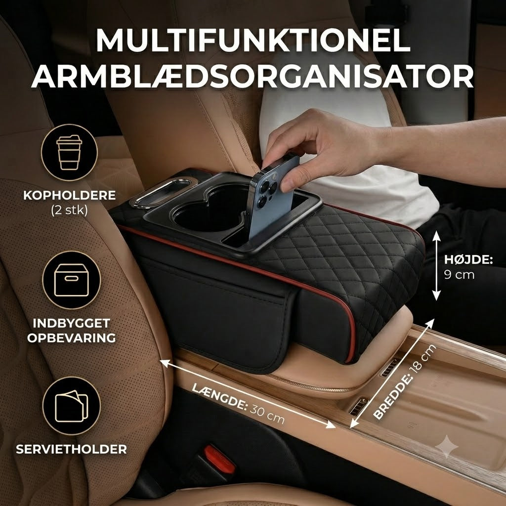 Multifunktionel opbevaringstaske til bilens armlæn – med kopholder og indbygget rum