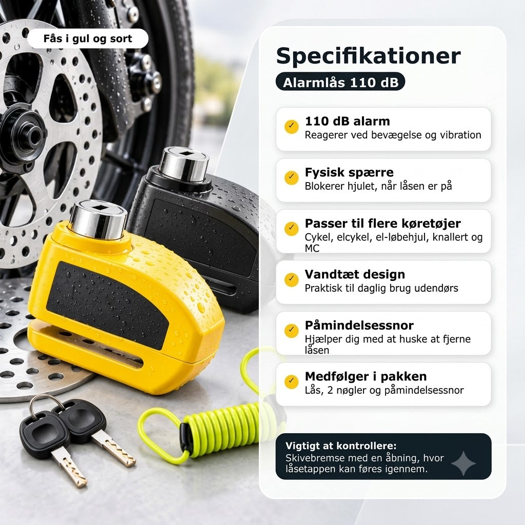 110 dB alarmskivebremselås – Skivebremselås til cykel, knallert og motorcykel