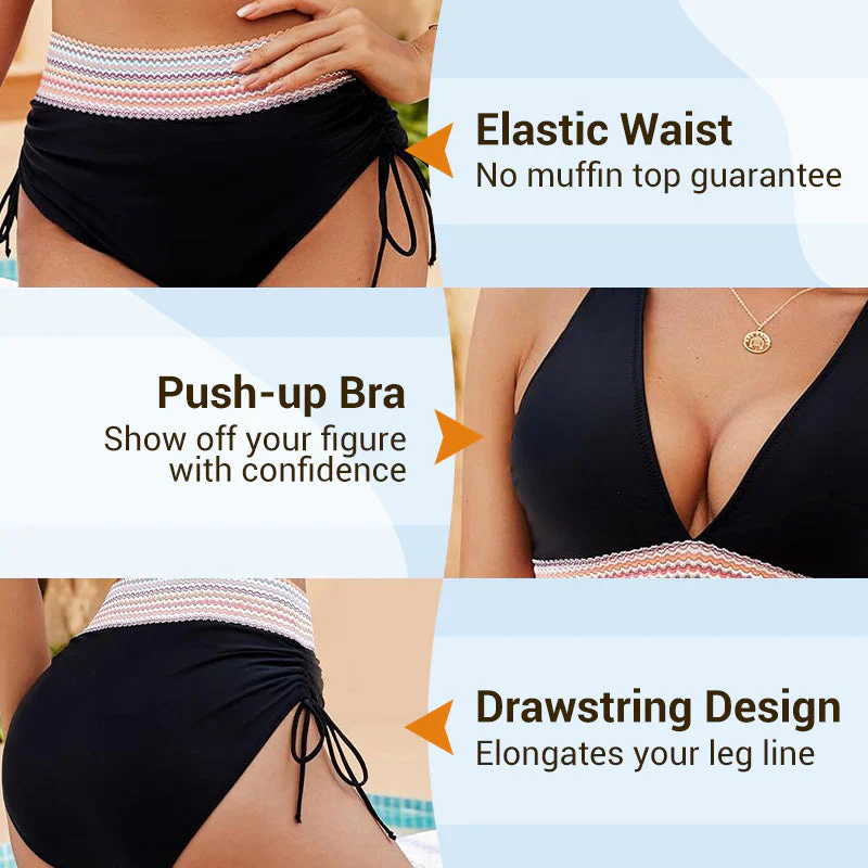 💃 Højtaljet maveformende bikini i farveblok-design 👙