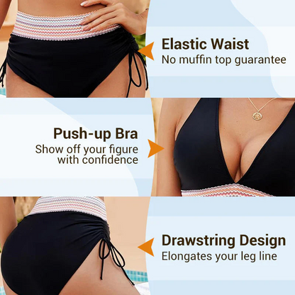 💃 Højtaljet maveformende bikini i farveblok-design 👙