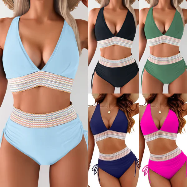 💃 Højtaljet maveformende bikini i farveblok-design 👙