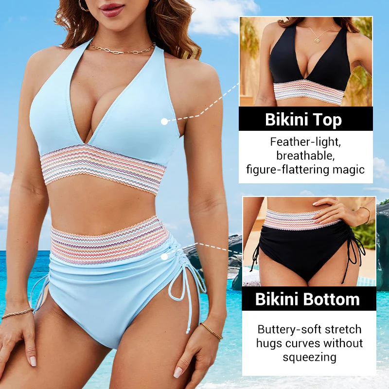 💃 Højtaljet maveformende bikini i farveblok-design 👙
