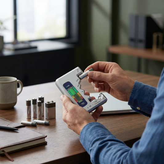 Digital batteritester med LCD-skærm – måler kapacitet på AA, AAA, C, D, 9V og knapcellebatterier🔋