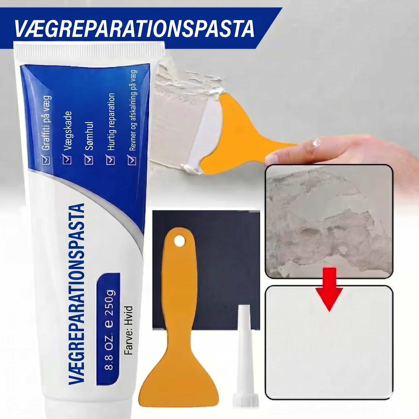 Hvid vægspartel – 250 g – til reparation af huller og revner