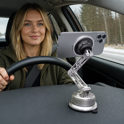 Mobilholder til bil i fuld metal med superstærk magnet og sugekop