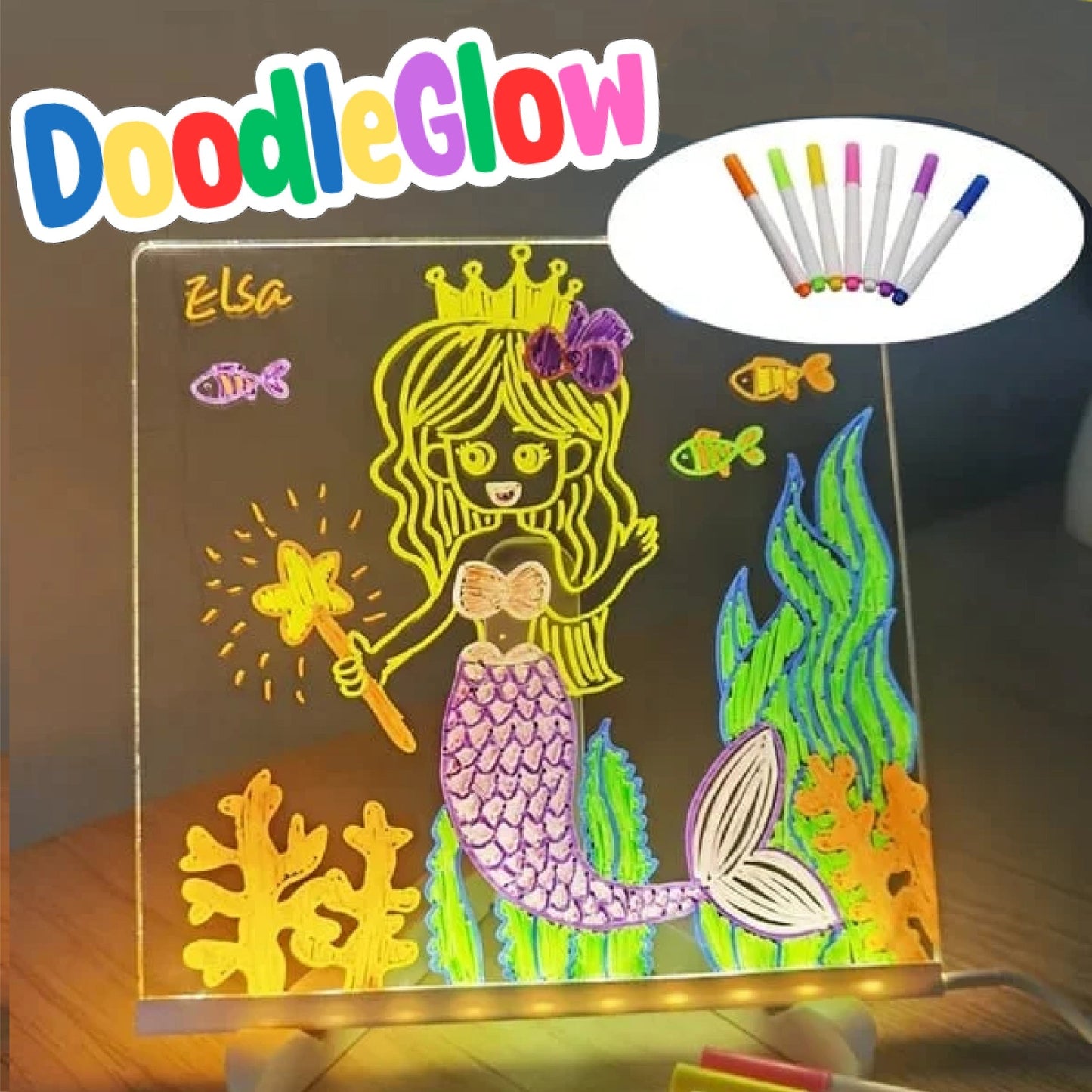 DoodleGlow™ magisk LED-tegneplade – lysende tegneplade til børn (med tuscher og skabeloner)
