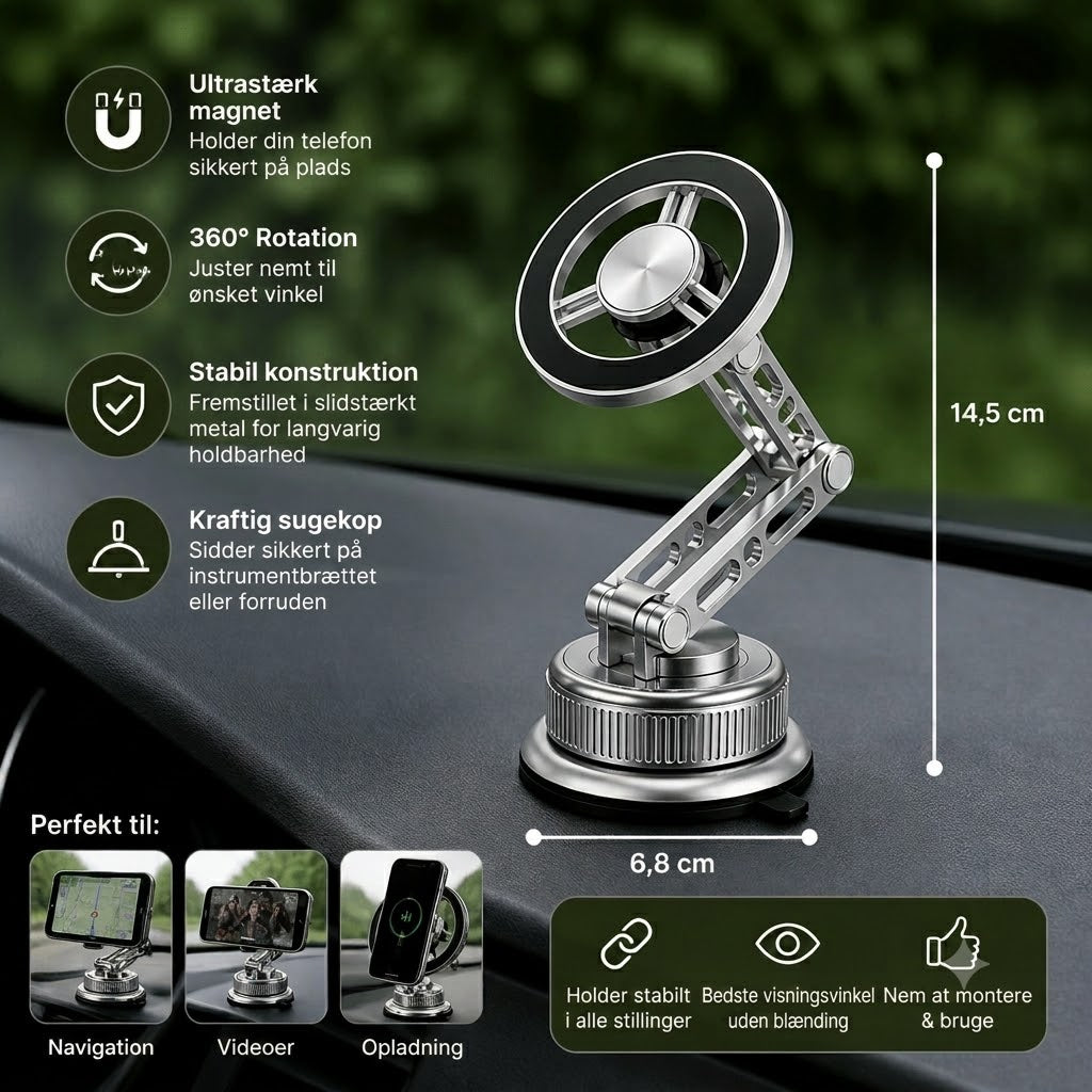 Mobilholder til bil i fuld metal med superstærk magnet og sugekop