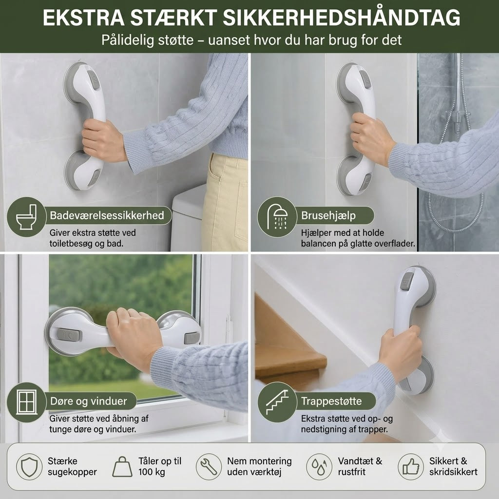 Ekstra stærkt sikkerhedshåndtag med sugekopper – Skridsikkert badeværelsesgreb
