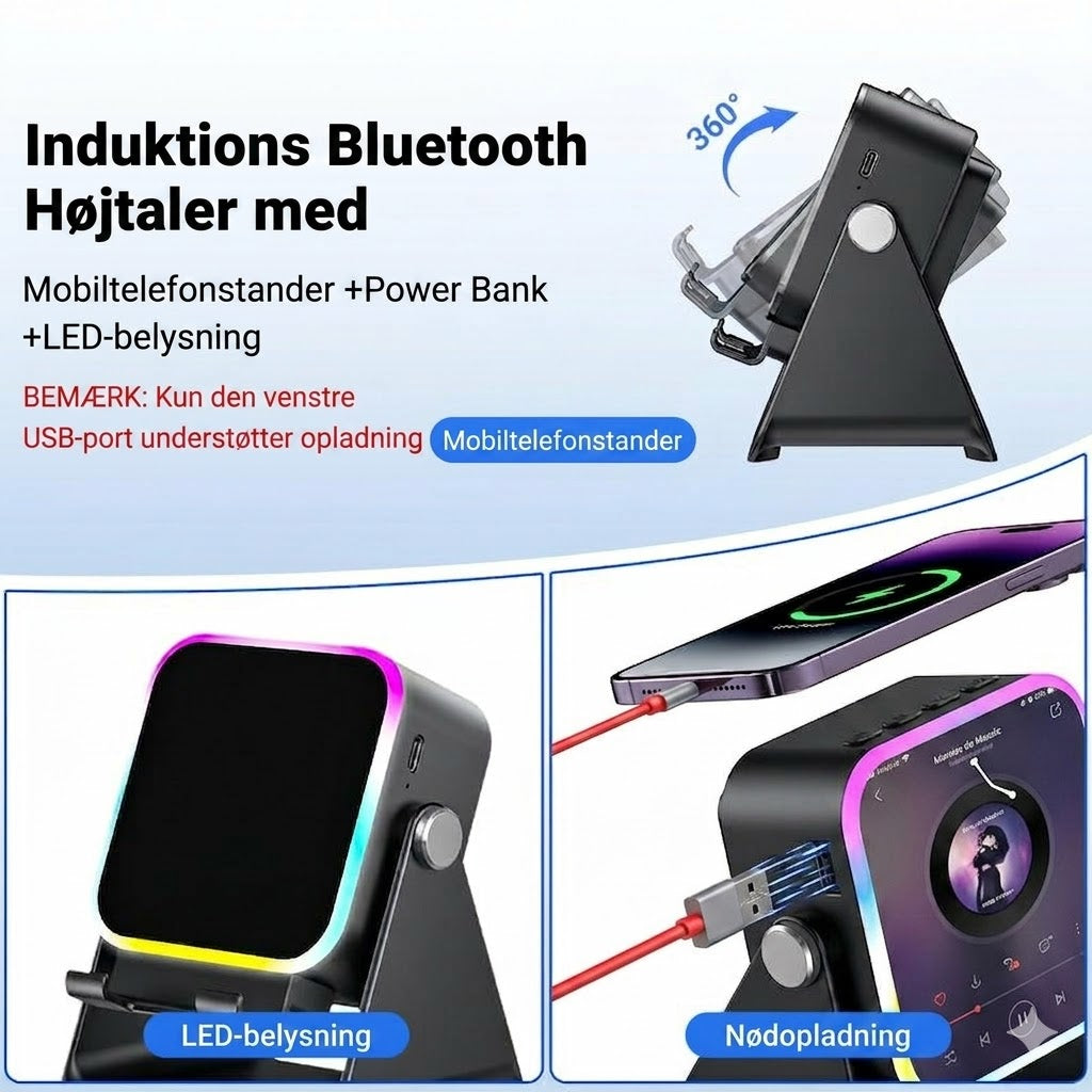 Trådløs induktionshøjtaler med mobilholder