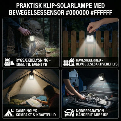 Praktisk klemme-solcellelampe med bevægelsessensor