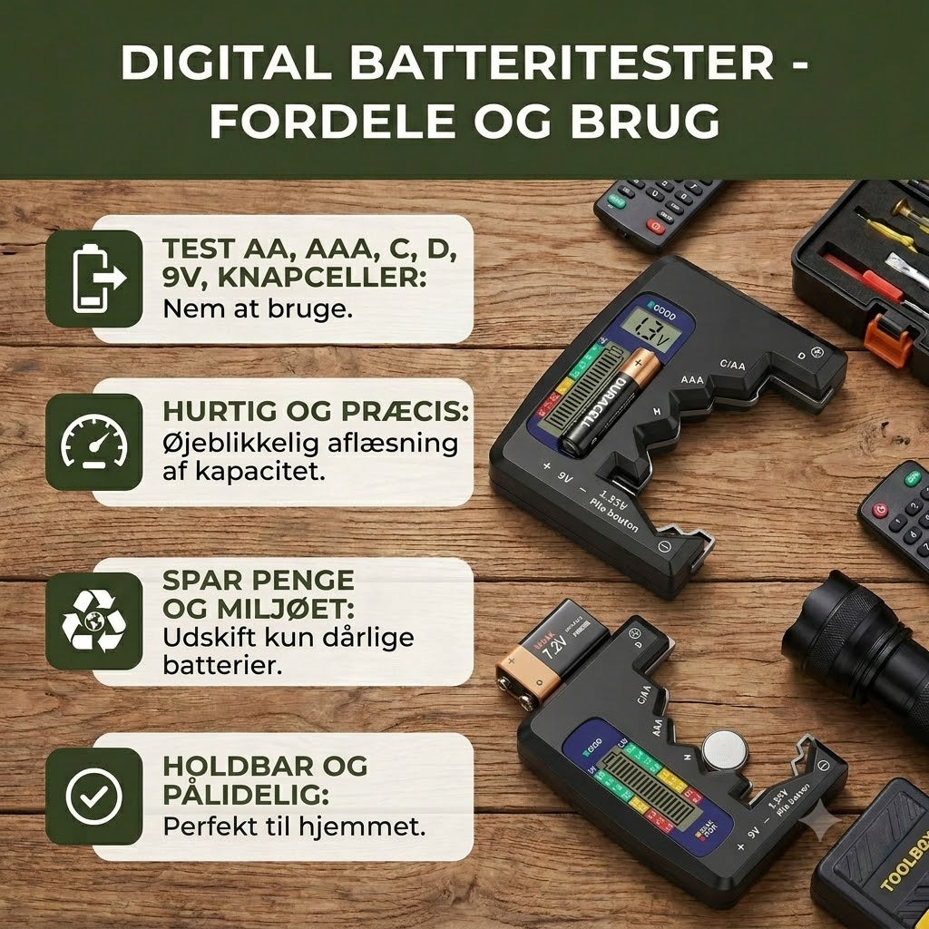Digital batteritester med LCD-skærm – måler kapacitet på AA, AAA, C, D, 9V og knapcellebatterier🔋