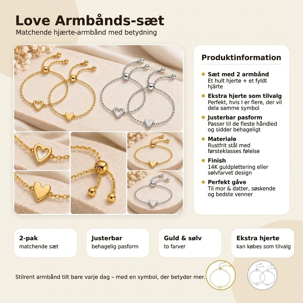 Kærlighedsarmbåndssæt – Hjertearmbånd med 14K forgyldning