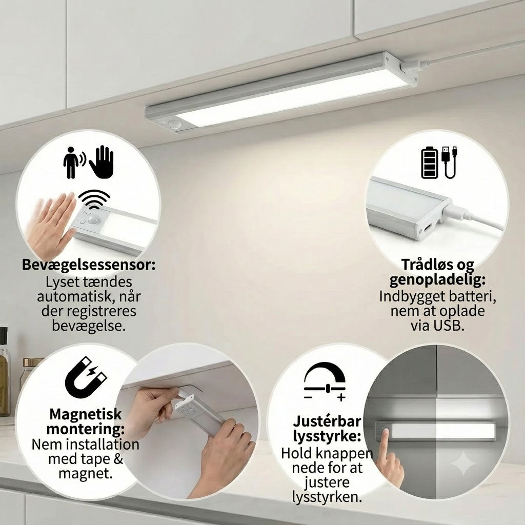 Trådløst LED-skabslys med bevægelsessensor – Magnetisk og dæmpbar