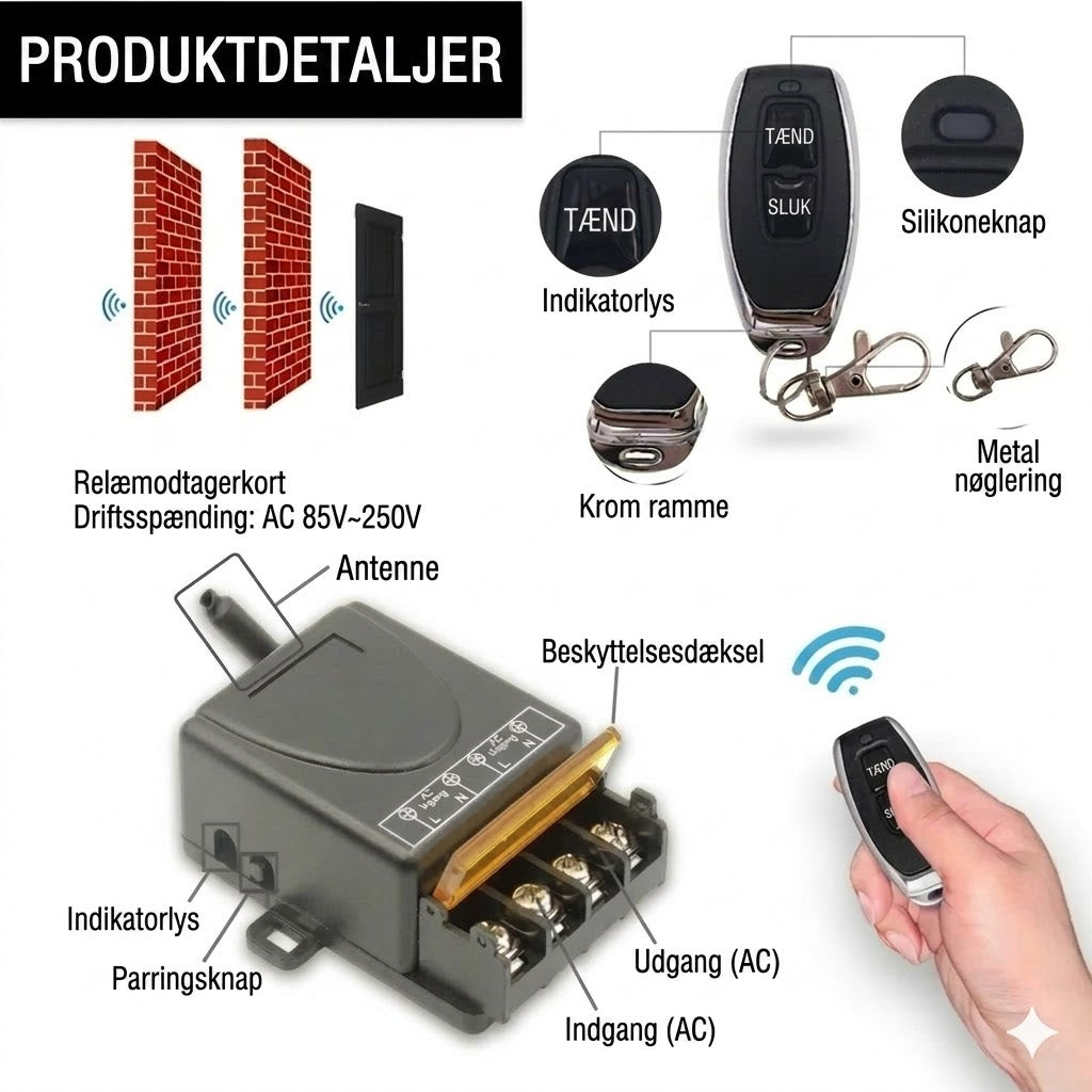 💥Trådløst fjernbetjenings- og modtagersæt – Universel – Plug & Play – Ingen kabler⚡