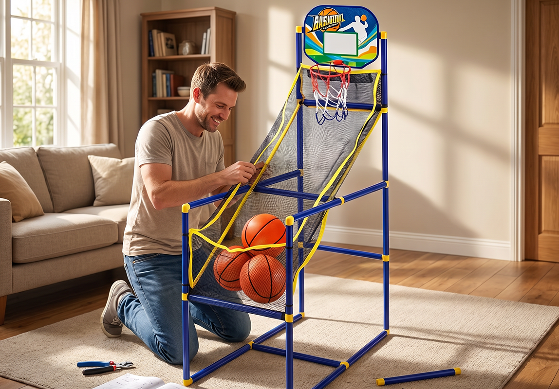 🔥 📢Begrænset tid: 50% rabat! 🏀 Arcade-basketballspil til børn – Sikkert og sjovt indendørs kaste-spil med automatisk boldretur 🎯