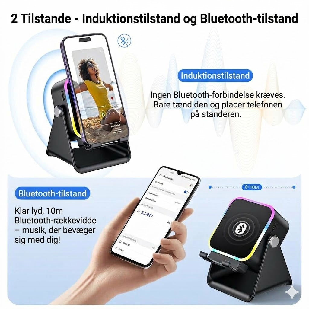Trådløs induktionshøjtaler med mobilholder