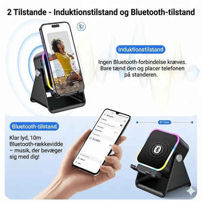 Trådløs induktionshøjtaler med mobilholder